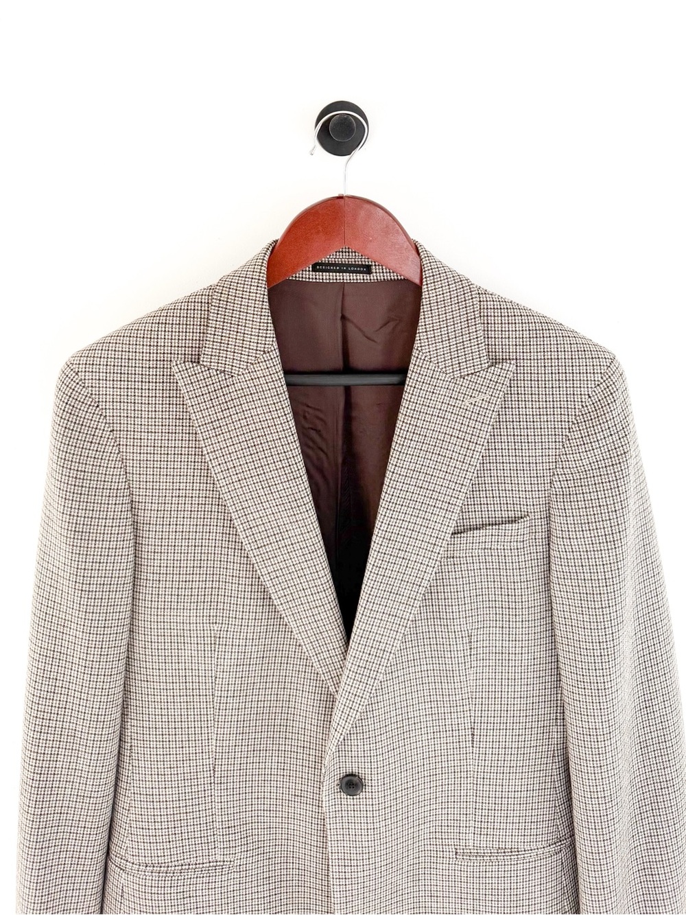NEW Reiss Men's Plaid Cotton - Wool Houndstooth Blazer Beige Brown 38R Jacket - Picture 4 of 16